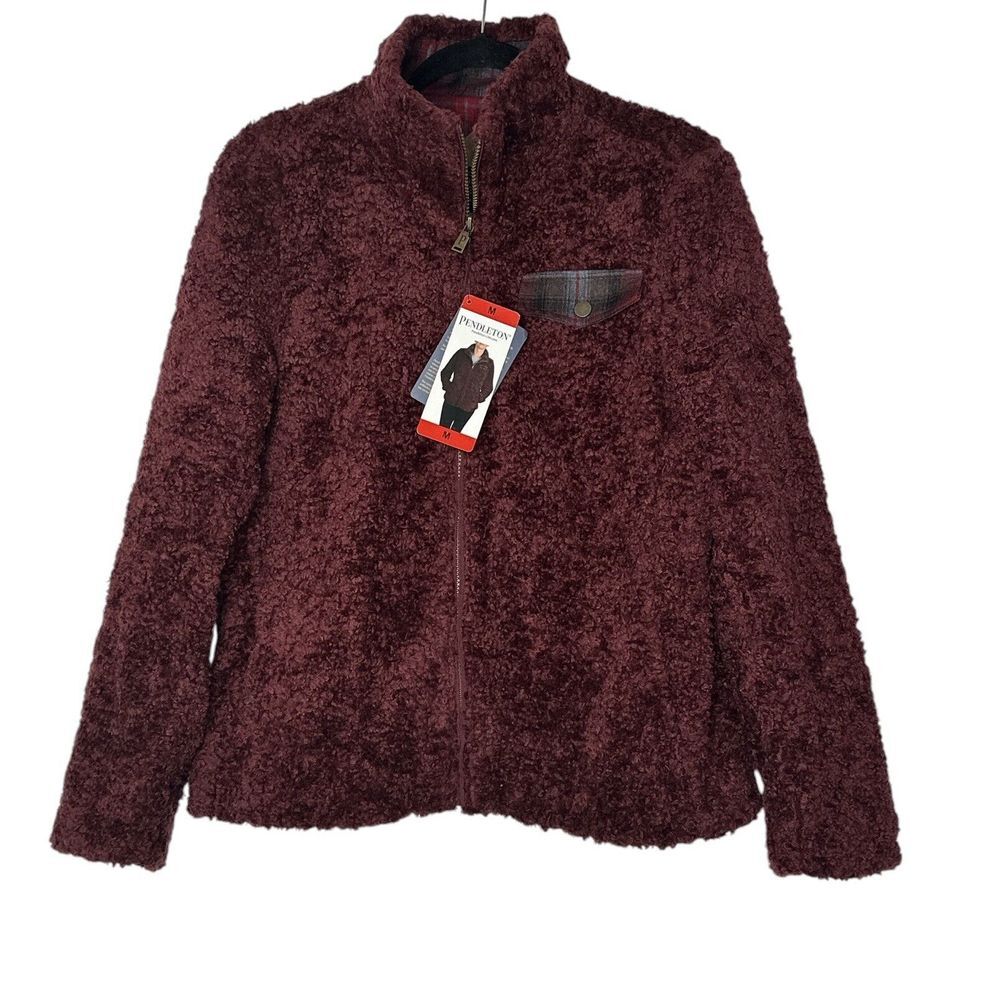 Pendleton Jacket Women Medium Sherpa Fleece Burgundy Plaid Full Zip Cozycore NEW